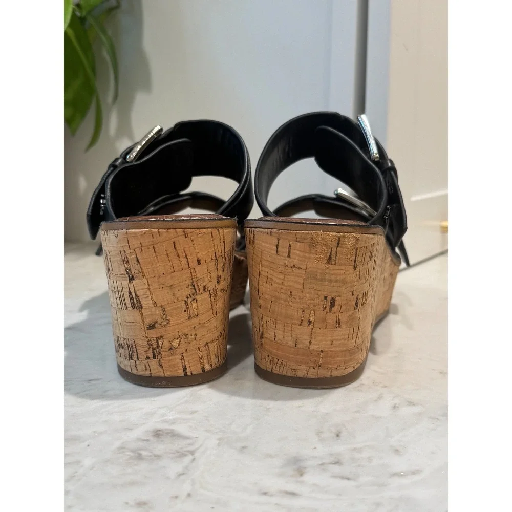 Sam Edelman Anna Platform Sandals Size 7 Black Buckle Leather Chunky Cork Wedge